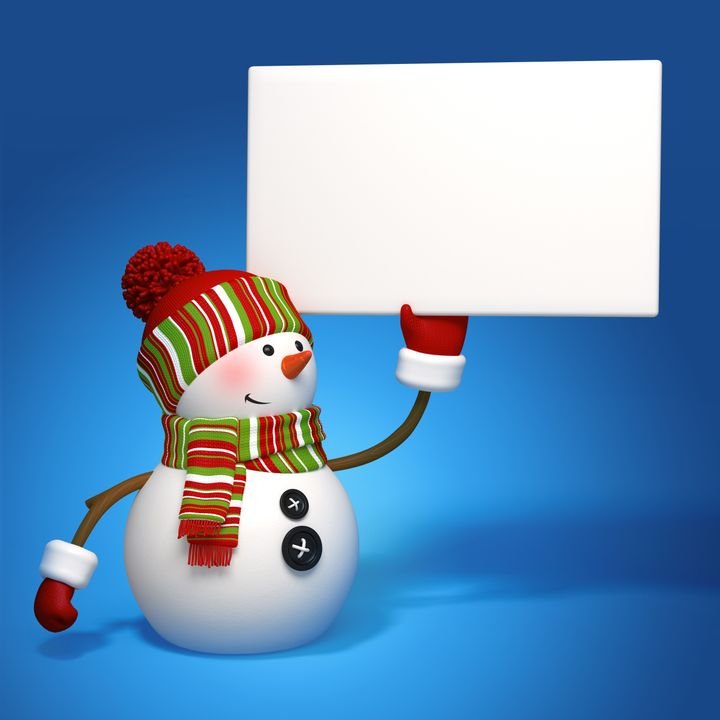A cheerful snowman holds a blank white sign against a blue background.