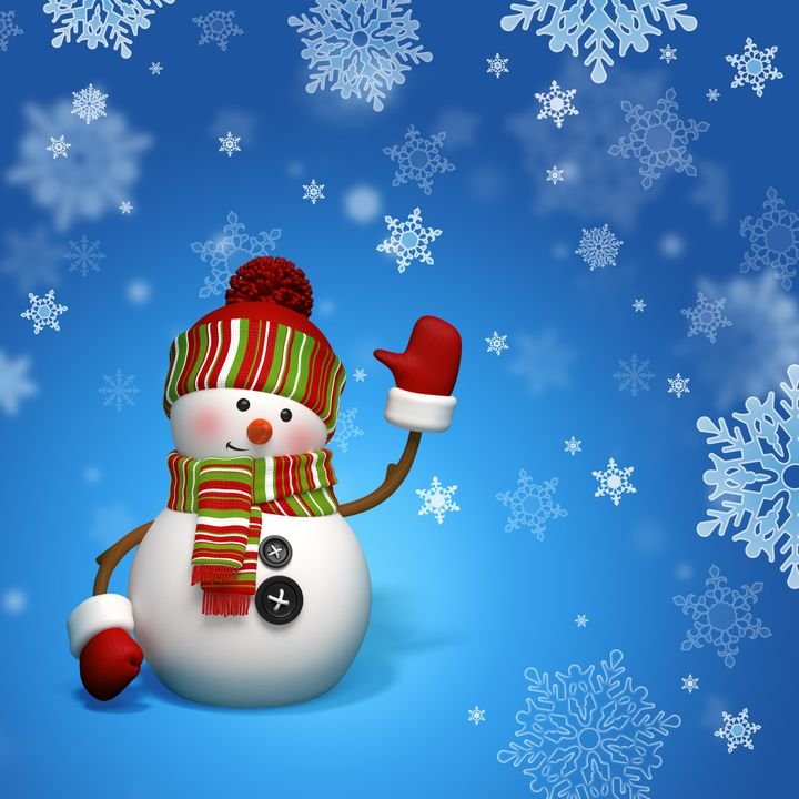 A cheerful snowman waves with one hand while wearing a striped hat and scarf against a blue snowy background.