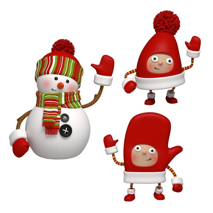 Three cartoon winter characters wave cheerfully. A snowman wears a striped hat and scarf, while two red mitten figures smile brightly.