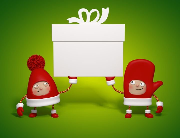Two cartoon characters, a Santa hat and a mitten, hold a blank gift box against a green background.