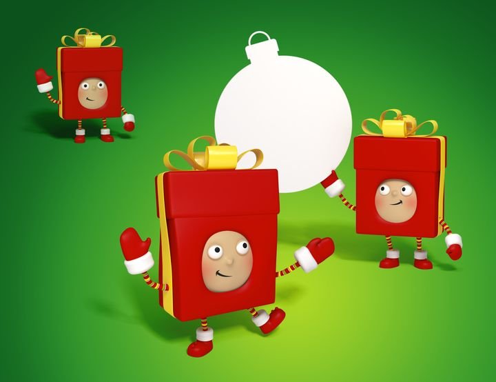 Three animated gift box characters dance around a large white Christmas ornament on a green background.