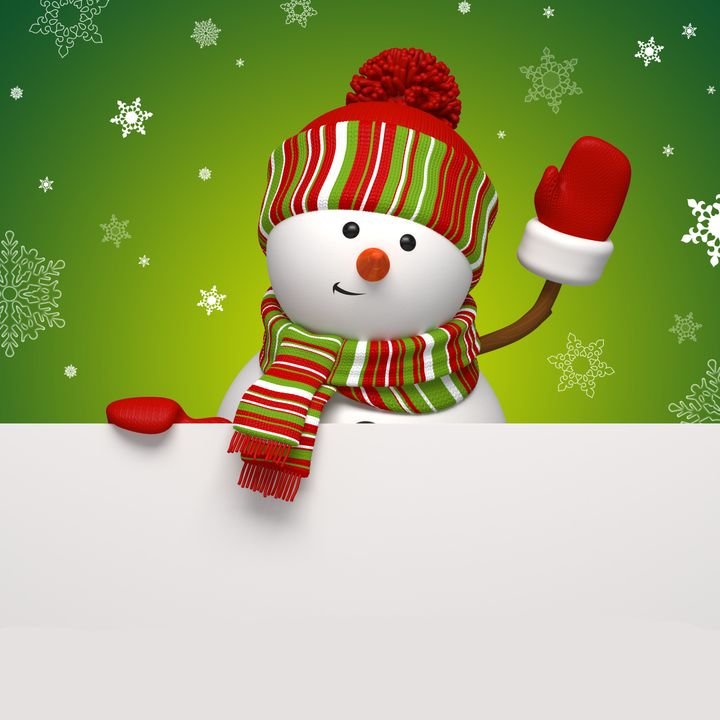 A cheerful snowman waves with a red mitten while wearing a striped hat and scarf against a green, snowy background.