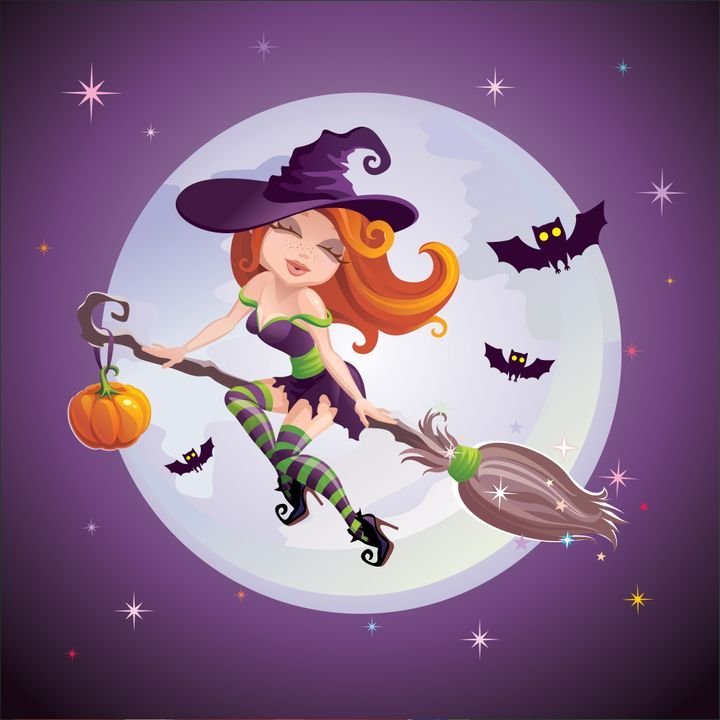 A cartoon witch flies on a broomstick against a full moon, surrounded by bats and stars. She wears a purple hat and striped stockings, holding a pumpkin.