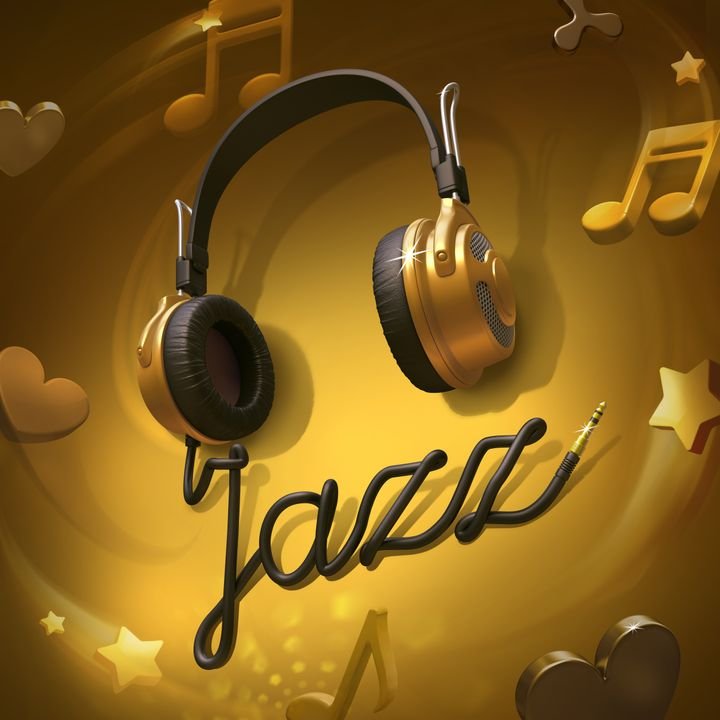Golden headphones float above the word 'Jazz' in a swirling, musical background filled with notes, stars, and hearts.