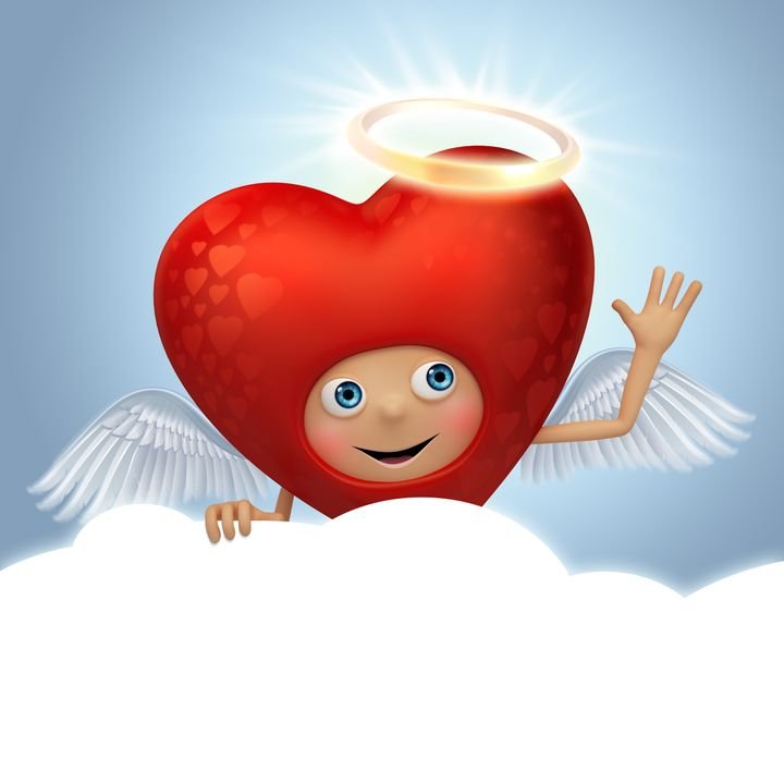 A cheerful cartoon angel with a heart-shaped head peeks from clouds, waving happily against a soft blue sky.