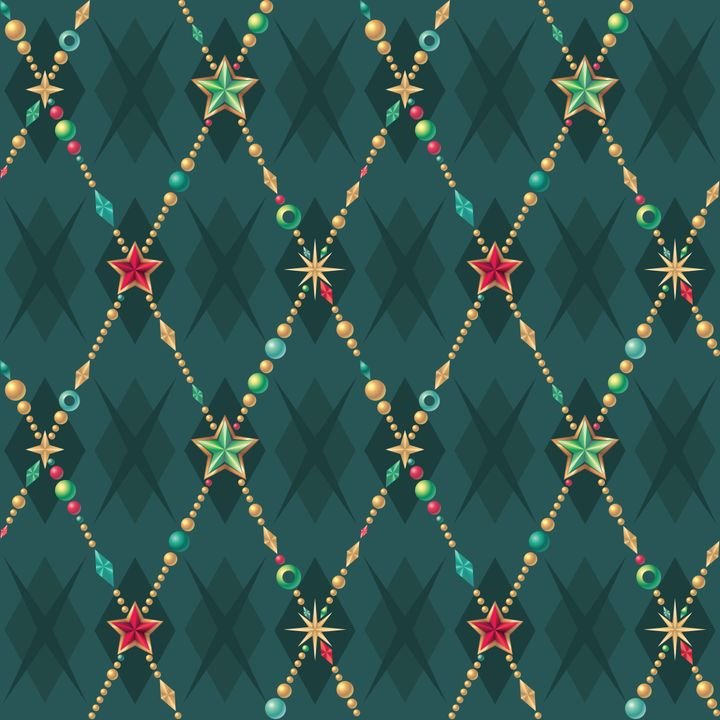 A vibrant pattern features colorful beads and stars arranged in a geometric design against a dark teal background.