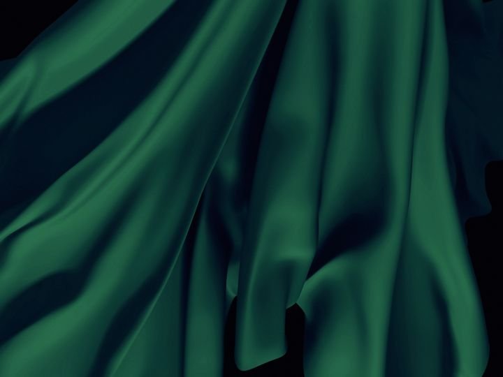 Dark green fabric flows with soft folds and shadows, creating a rich, textured visual against a black background.
