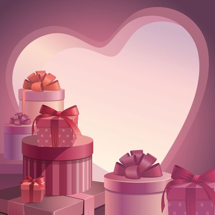 Colorful gift boxes with bows sit in front of a large heart-shaped frame. Pink and purple tones dominate the scene.