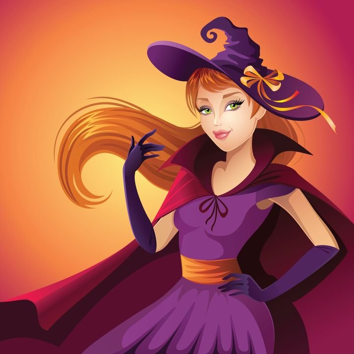 A confident witch with flowing red hair poses in a purple dress and hat against an orange background.