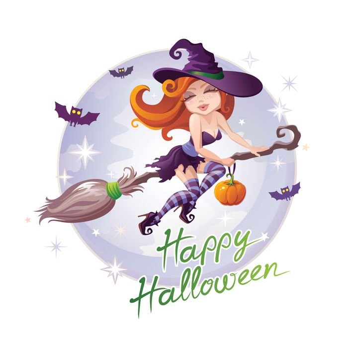 A cheerful witch flies on a broomstick, holding a pumpkin, surrounded by bats and sparkles against a moonlit sky.