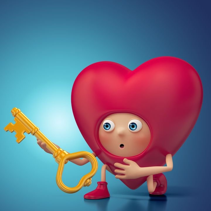 A surprised 3D heart character holds a large golden key against a blue gradient background.