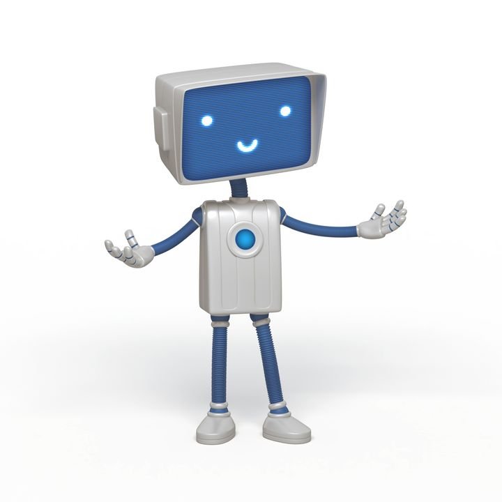 A friendly robot stands with open arms, smiling warmly against a clean white background.