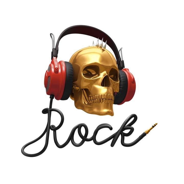 A golden skull with red headphones sits above the word 'Rock' written in a cable style.