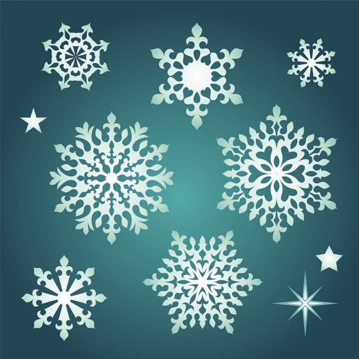 White snowflakes and stars float against a teal gradient background, creating a festive winter scene.