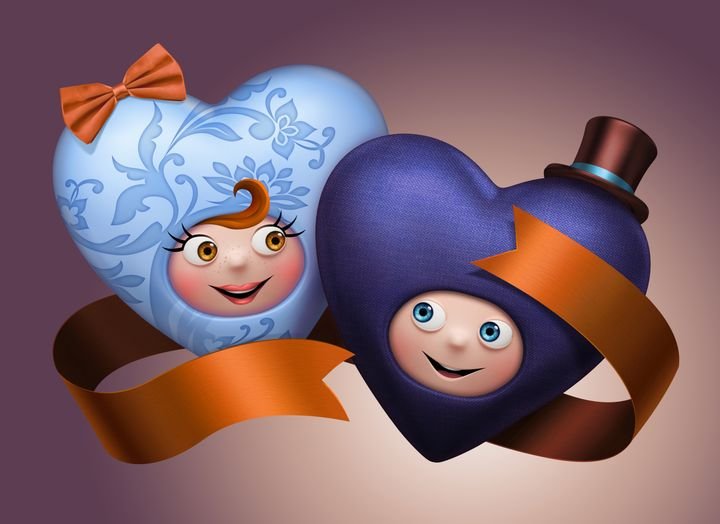 Two cartoon hearts with smiling faces, one blue with a bow and one purple with a top hat, tied together with a ribbon.