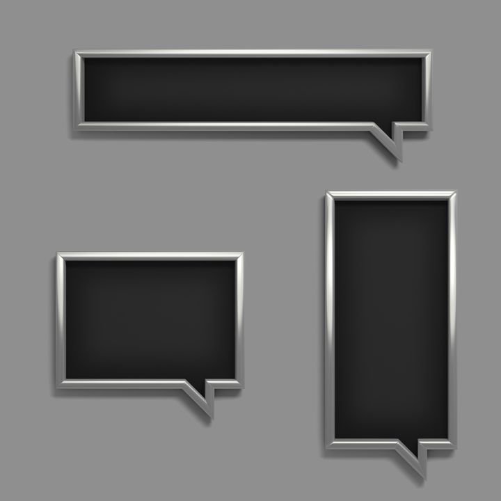 Three metallic speech bubbles with dark interiors float against a gray background, showcasing sleek design and modern style.