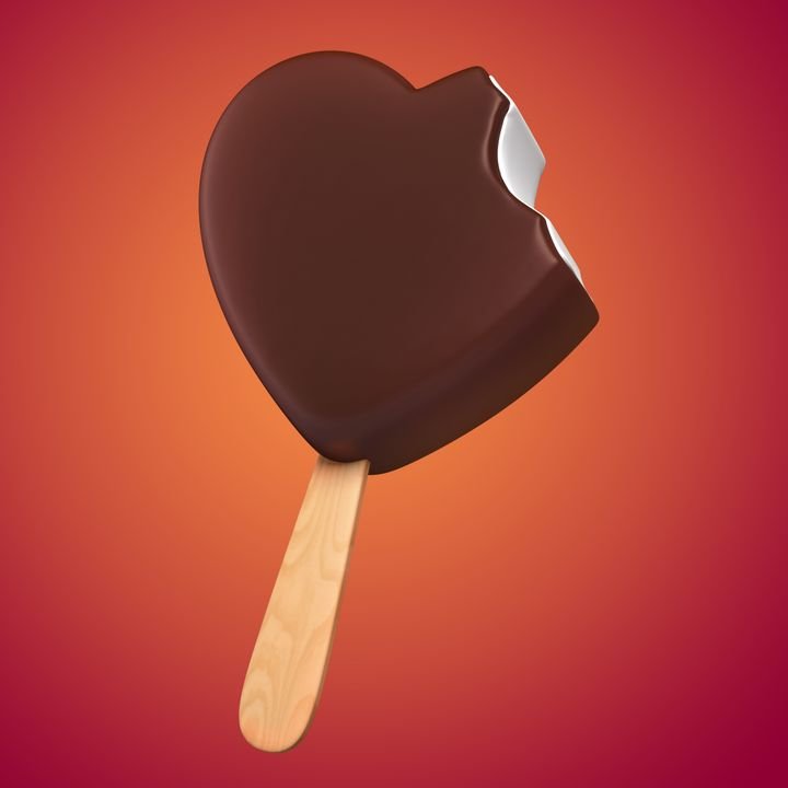 A bitten chocolate ice cream popsicle on a wooden stick floats against a red and orange gradient background.