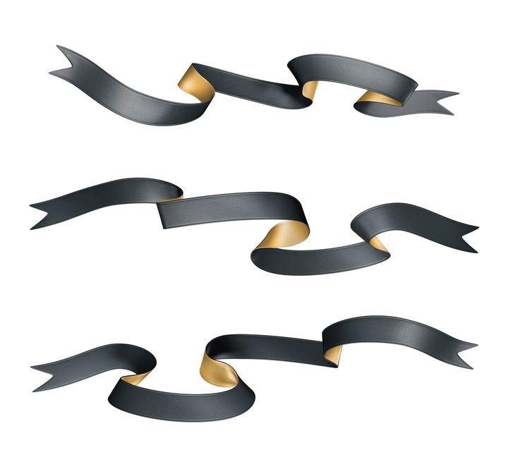 Three black and gold ribbons float dynamically against a white background, showcasing elegant curves and folds.