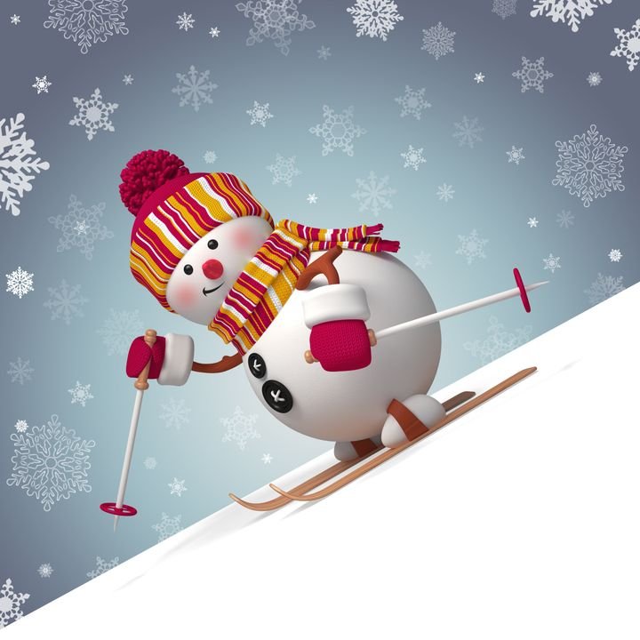 A cheerful snowman skis down a snowy slope, wearing a colorful striped hat and scarf while holding ski poles.