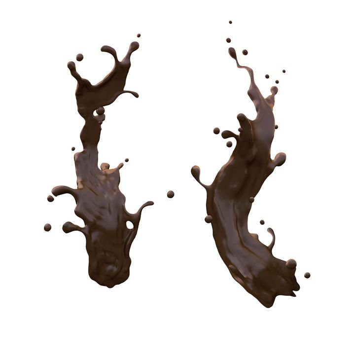 Two dynamic chocolate splashes freeze mid-air against a stark white background, showcasing rich brown textures and flying droplets.
