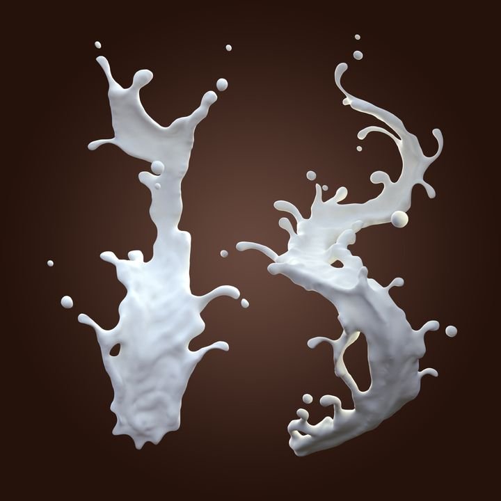 White milk splashes dynamically against a dark brown background, creating an energetic and fluid visual effect.