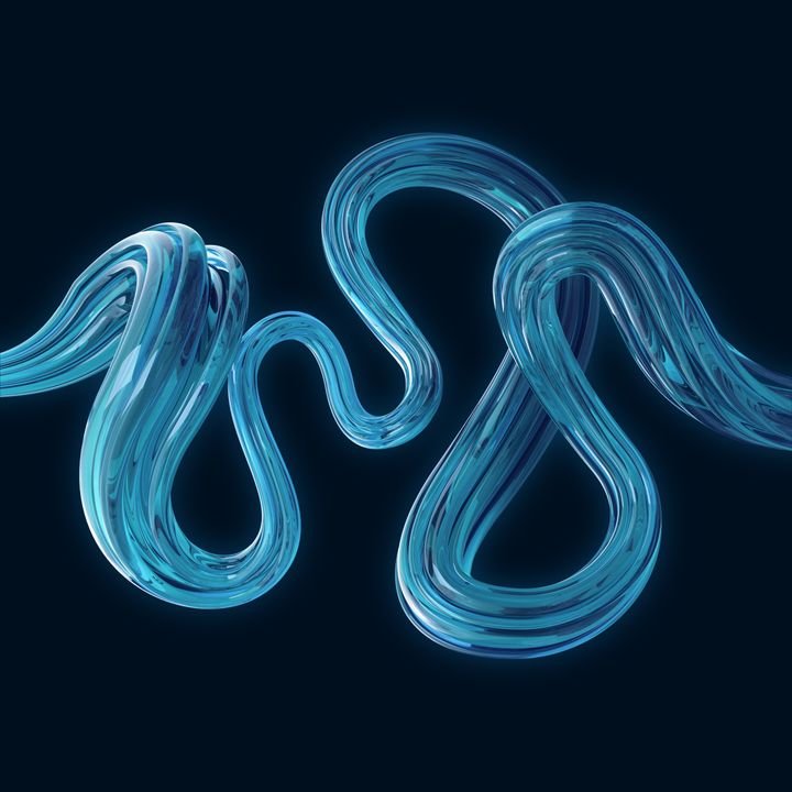 Glowing blue glass tubes twist and loop against a dark background, creating a fluid, abstract design.