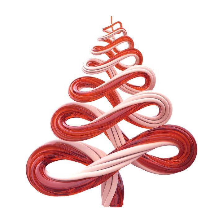 A stylized Christmas tree twists upward from a base, crafted from glossy, intertwined ribbons of red and pink.