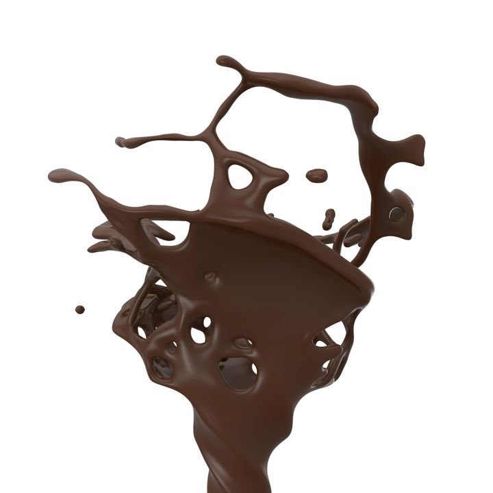 A dynamic splash of rich, dark chocolate liquid freezes mid-air against a stark white background.