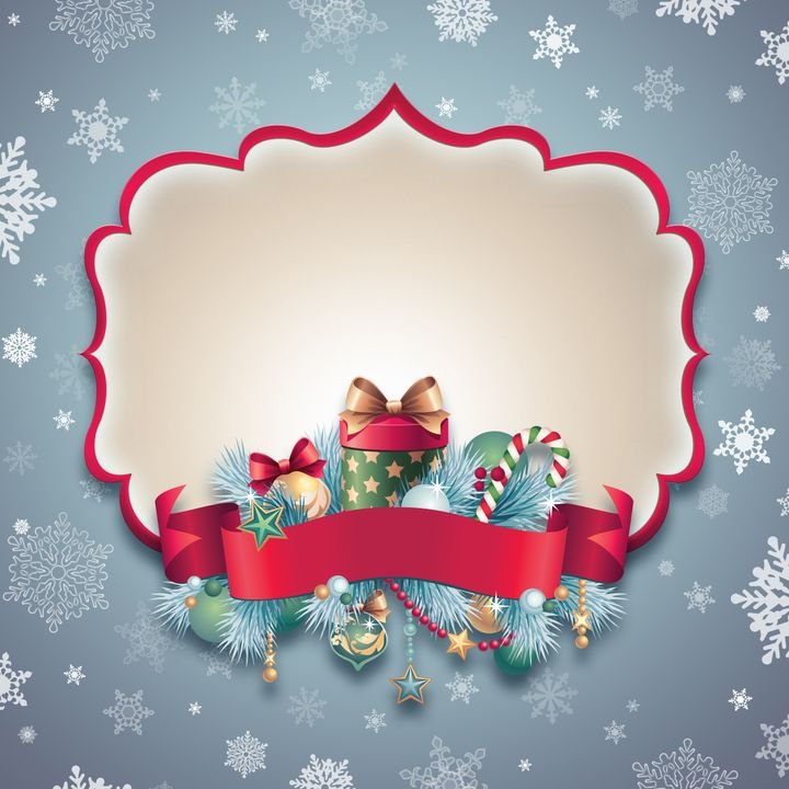 A festive Christmas card features a red ribbon, pine branches, ornaments, and a gift box against a snowy background.