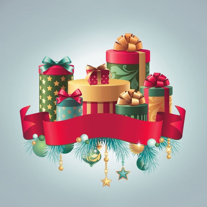 Colorful gift boxes with bows sit atop a red ribbon, surrounded by festive pine branches, ornaments, and stars.