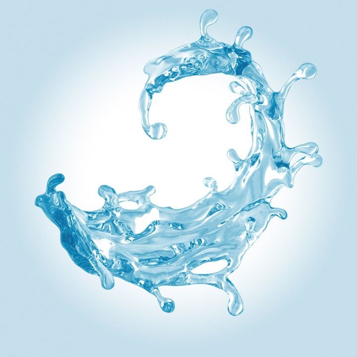 A dynamic splash of water forms a swirling pattern against a soft blue background.