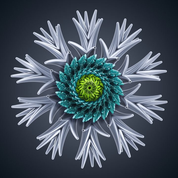 A symmetrical, fractal-like flower design features a green center, teal middle layers, and white outer petals against a dark background.