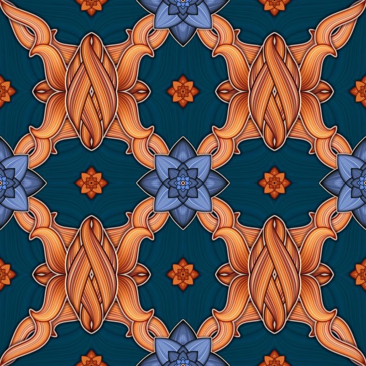A seamless pattern features intricate orange floral motifs and blue star shapes against a dark teal background.