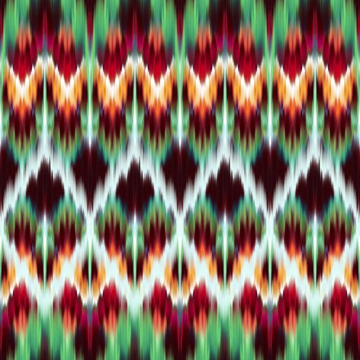 A vibrant, repeating textile pattern featuring geometric shapes in red, green, orange, and white.