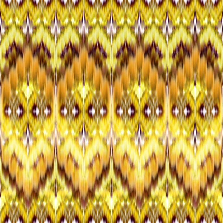 A vibrant, symmetrical pattern features repeating yellow and brown shapes with white accents, creating a kaleidoscopic design.