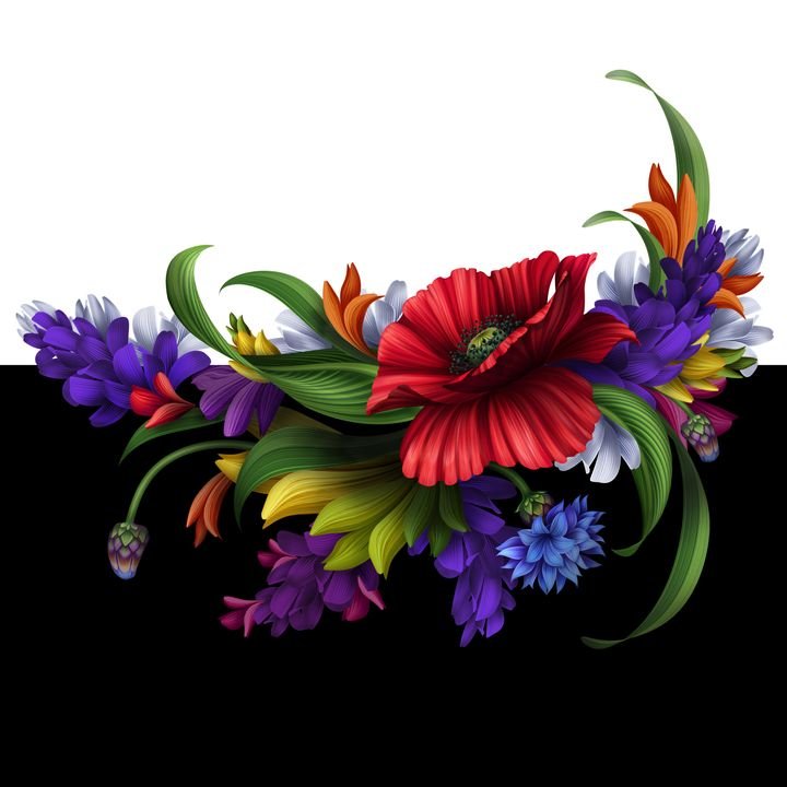 A vibrant floral arrangement features a large red poppy, purple and blue flowers, green leaves, and colorful buds against a black background.