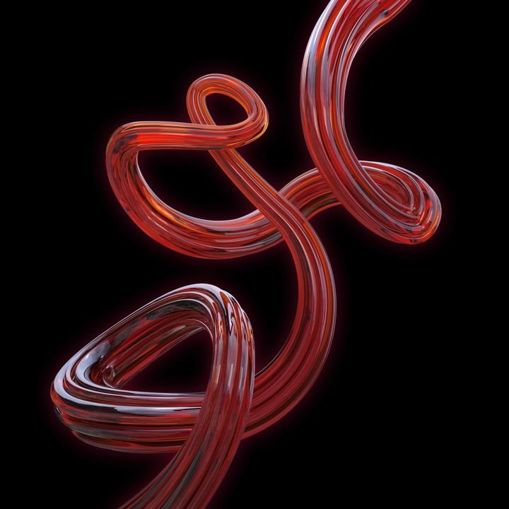 A glowing red, translucent tube twists and loops in mid-air against a stark black background.