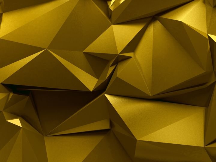 A low-poly golden surface features sharp geometric shapes and deep shadows, creating a modern, abstract texture.