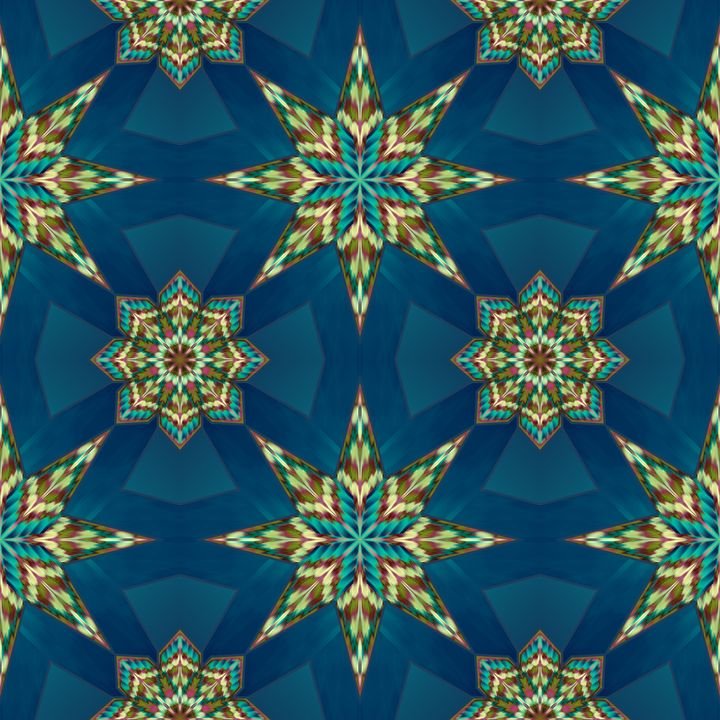 A kaleidoscopic pattern features symmetrical star and flower shapes in shades of blue, green, and gold against a deep blue background.