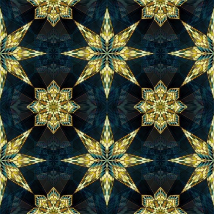A kaleidoscopic pattern features golden stars and floral shapes against a dark blue background, creating a symmetrical design.