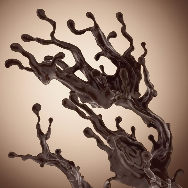 Dark chocolate splashes upward in dynamic, fluid shapes against a soft brown background.