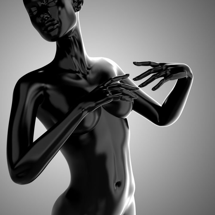 A glossy black female figure poses with hands near her chest against a gradient gray background.