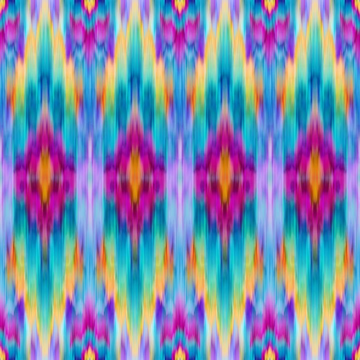 A vibrant, symmetrical pattern features bold geometric shapes in shades of purple, blue, yellow, and pink, creating a dynamic and colorful design.