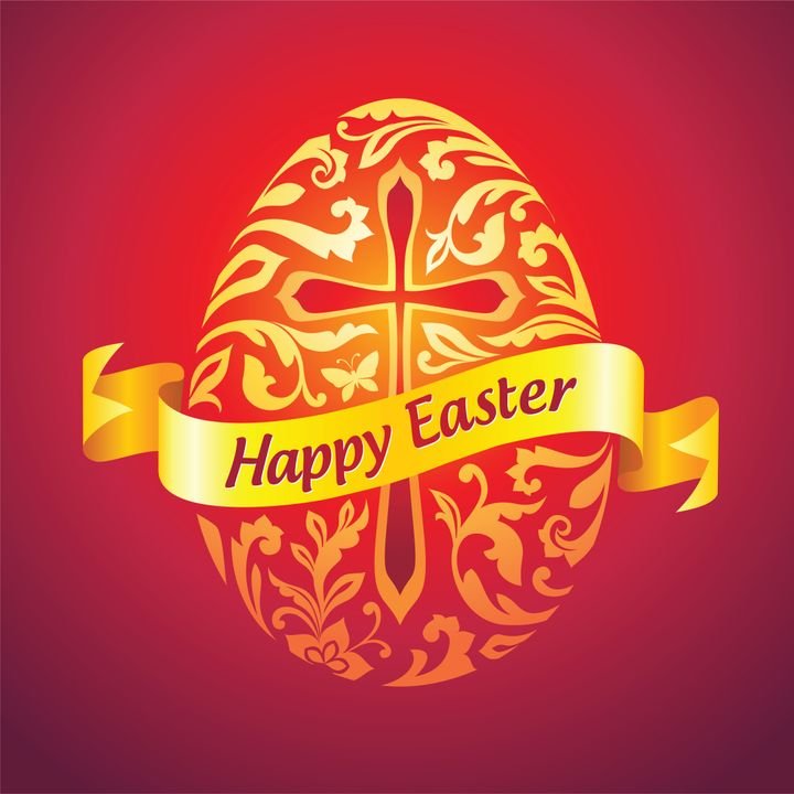 A golden Easter egg with intricate floral patterns and a cross design sits against a red background. A yellow ribbon wraps around the egg, displaying the text 'Happy Easter' in bold letters.