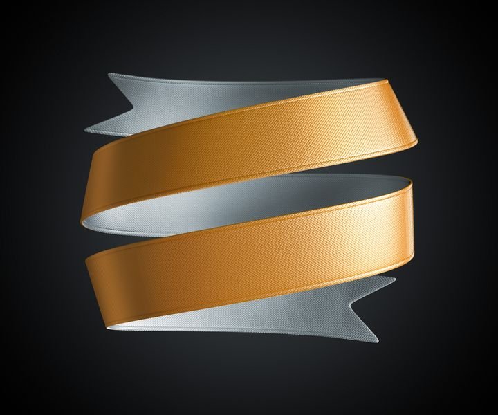 A golden ribbon twists elegantly against a dark background, showcasing its metallic sheen and smooth texture.