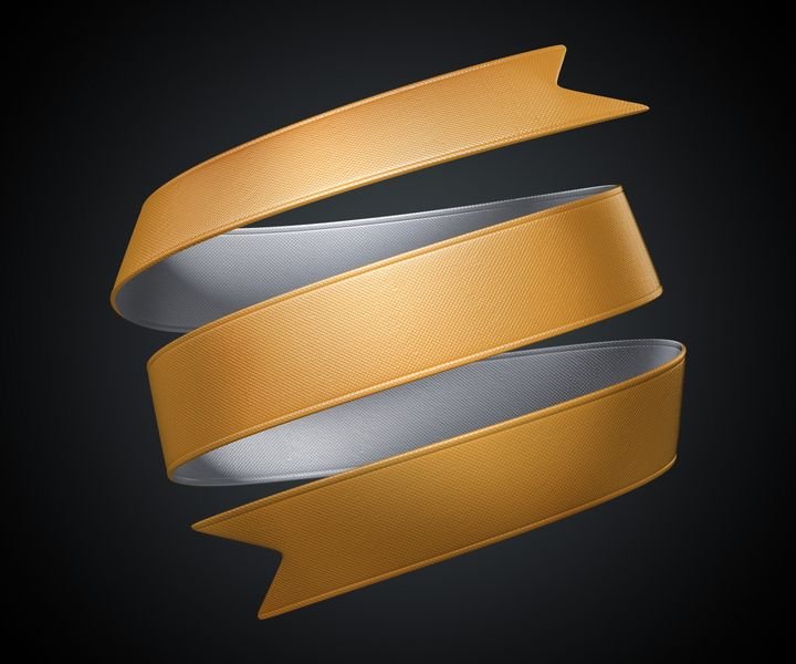 A golden ribbon twists elegantly against a dark background, showcasing its smooth texture and metallic sheen.