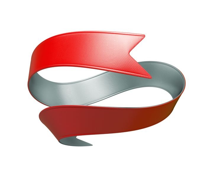 A red and silver ribbon twists dynamically against a white background, showcasing smooth curves and vibrant colors.