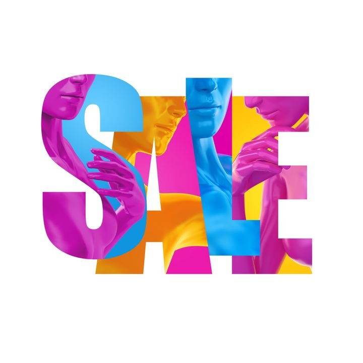Colorful SALE text features cutout human faces and hands in vibrant pink, blue, and yellow tones.