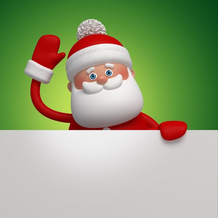 A cheerful 3D Santa Claus waves from behind a blank white sign against a green background.