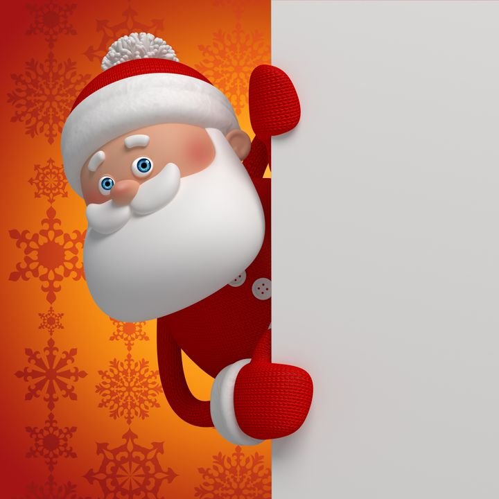 A cheerful Santa Claus peeks from behind a white panel against an orange background with snowflake patterns.